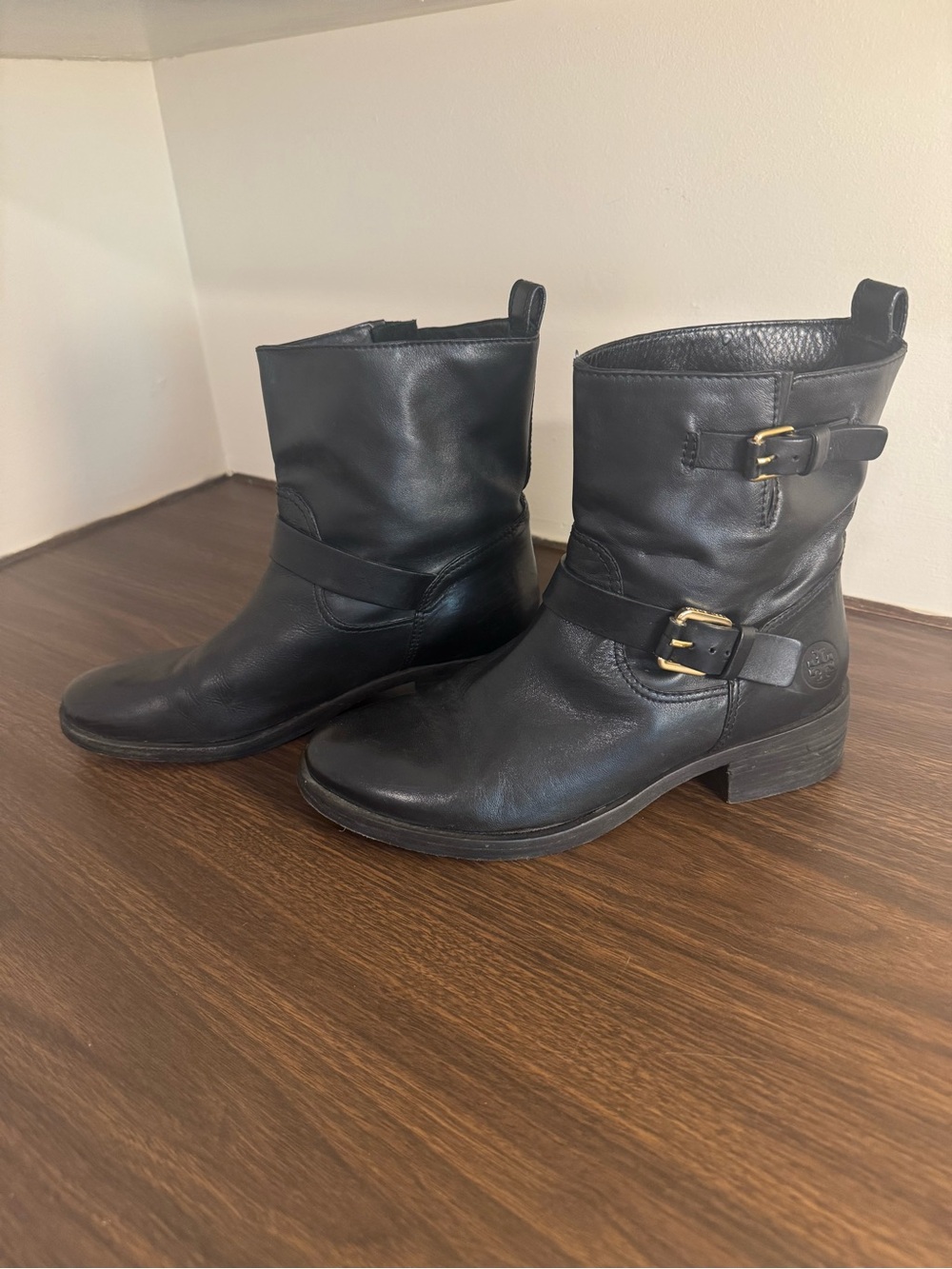 Tory Burch Black Leather Moto Ankle Boots Buckle Engineer Boots Women’s Size 9M